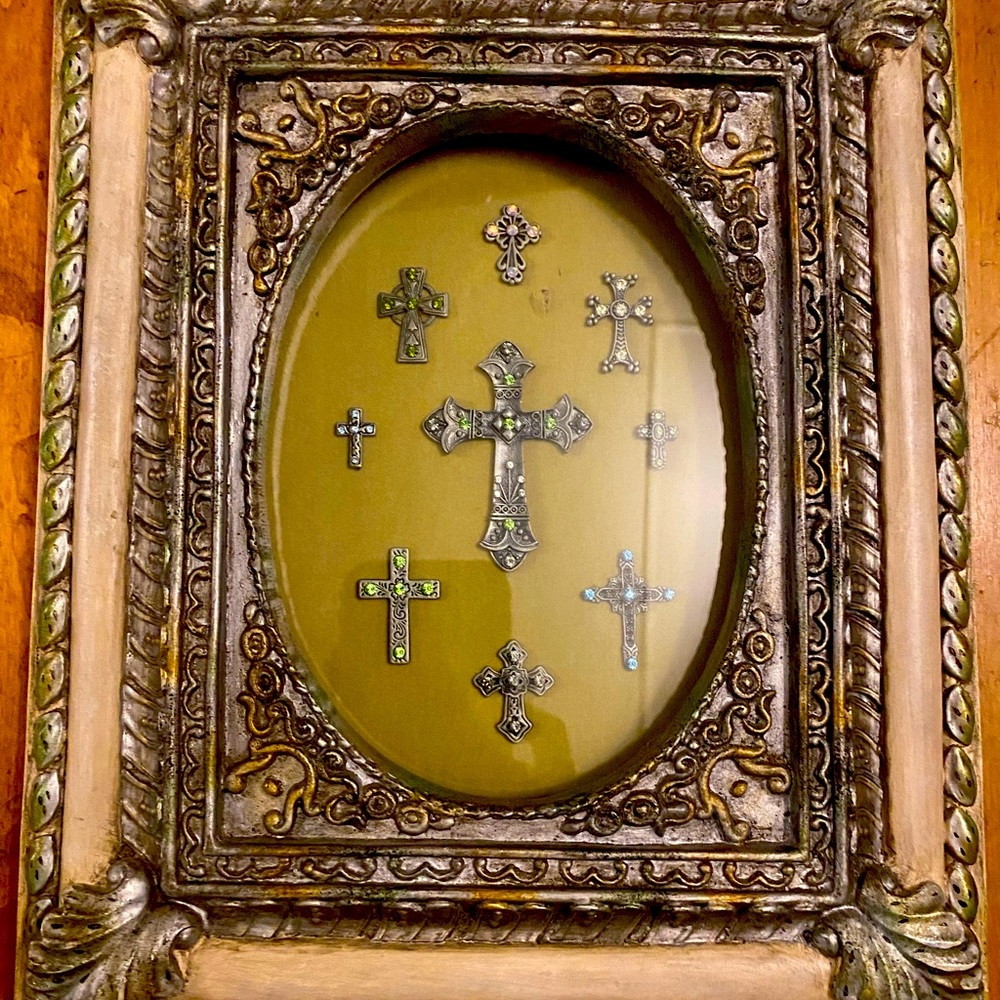 Jeweled Cross Belinda Miley coll C 2004 9 crosses w/Jewels also shadow box.